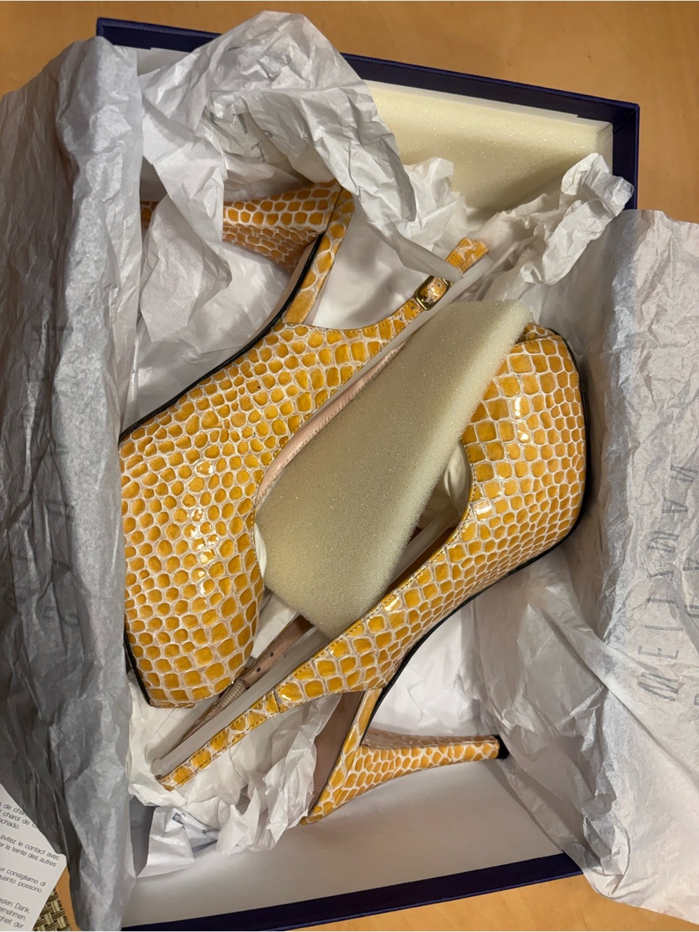 Stuart Weitzman yellow snake print heels